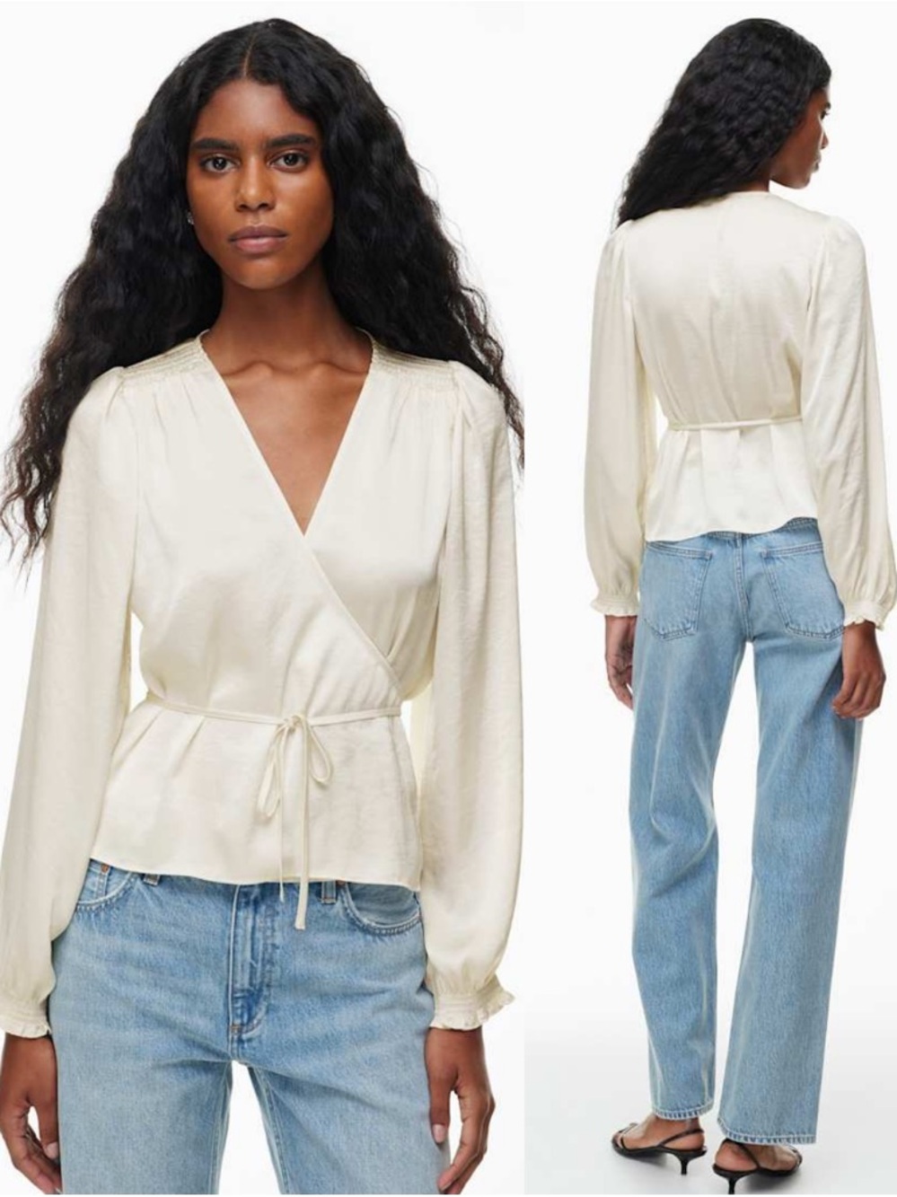 Wilfred Aritzia XS Ivory Wrap Top Tie Waist Flowy Chic Capsule Blogger Style
